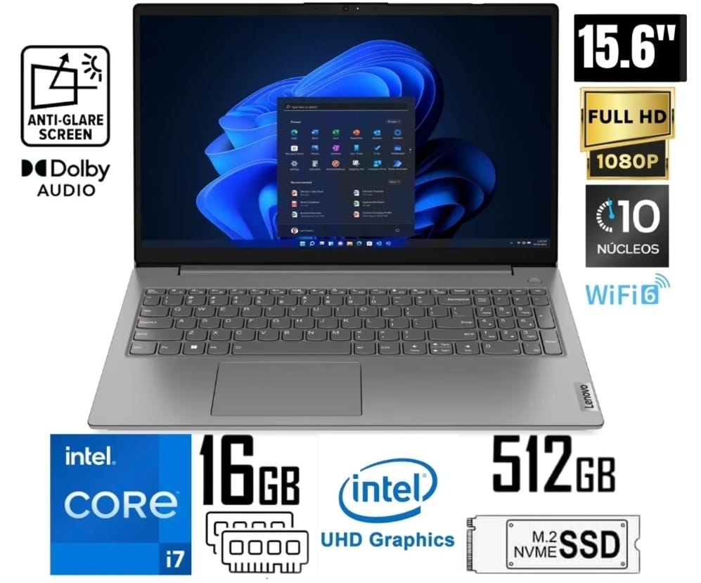 Lenovo V15 G4 IRU, I7-13620H 2.4 - 4.9GHz, 16GB DDR4, 512GB SSD, 15.6 FHD TN, Webcam, Bluetooth, WiFi, Iron Grey, FreeDOS, Teclado Español